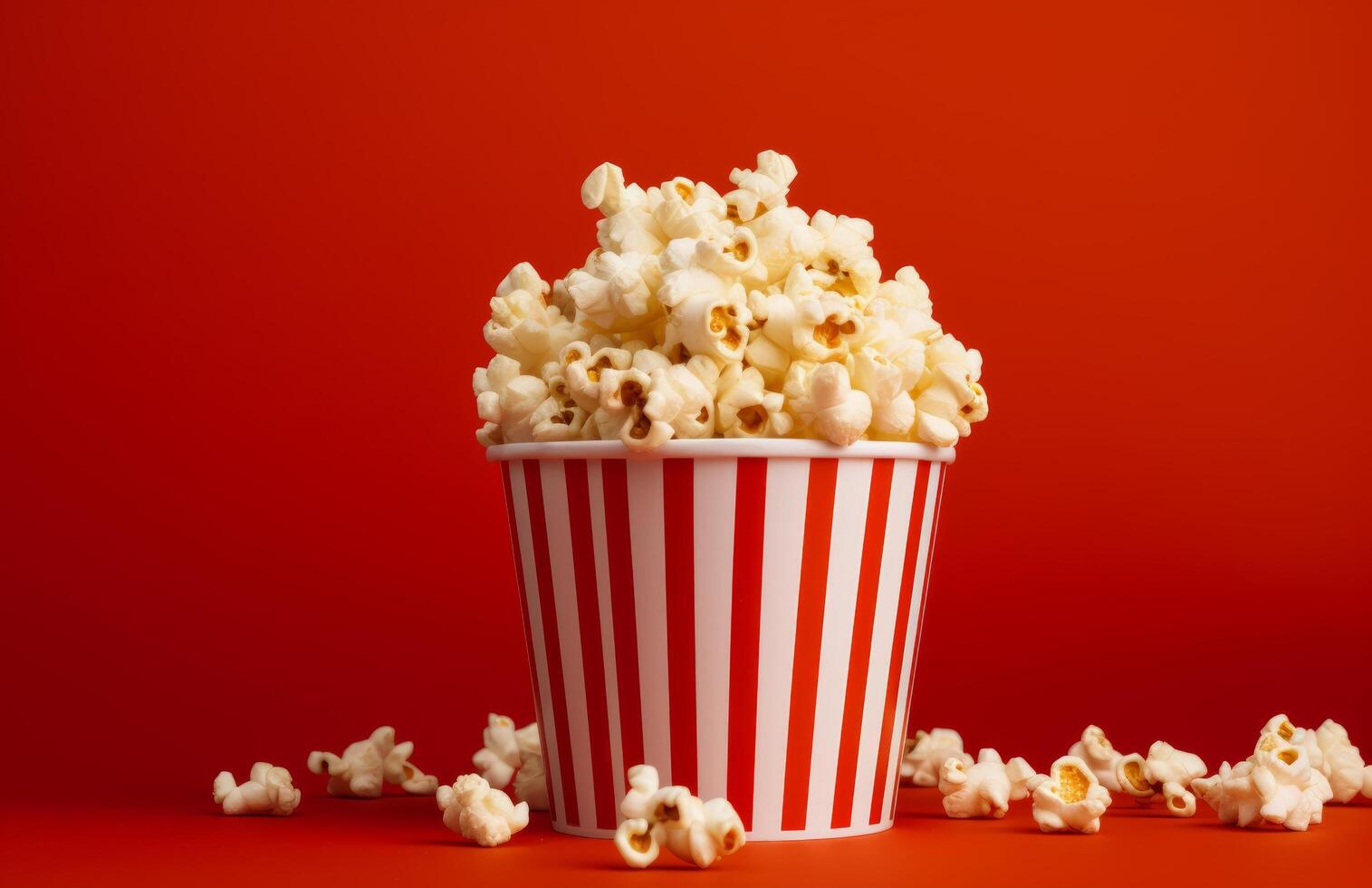 ai generado en un rojo antecedentes un Cubeta de palomitas de maiz es sentado en frente de un cámara foto