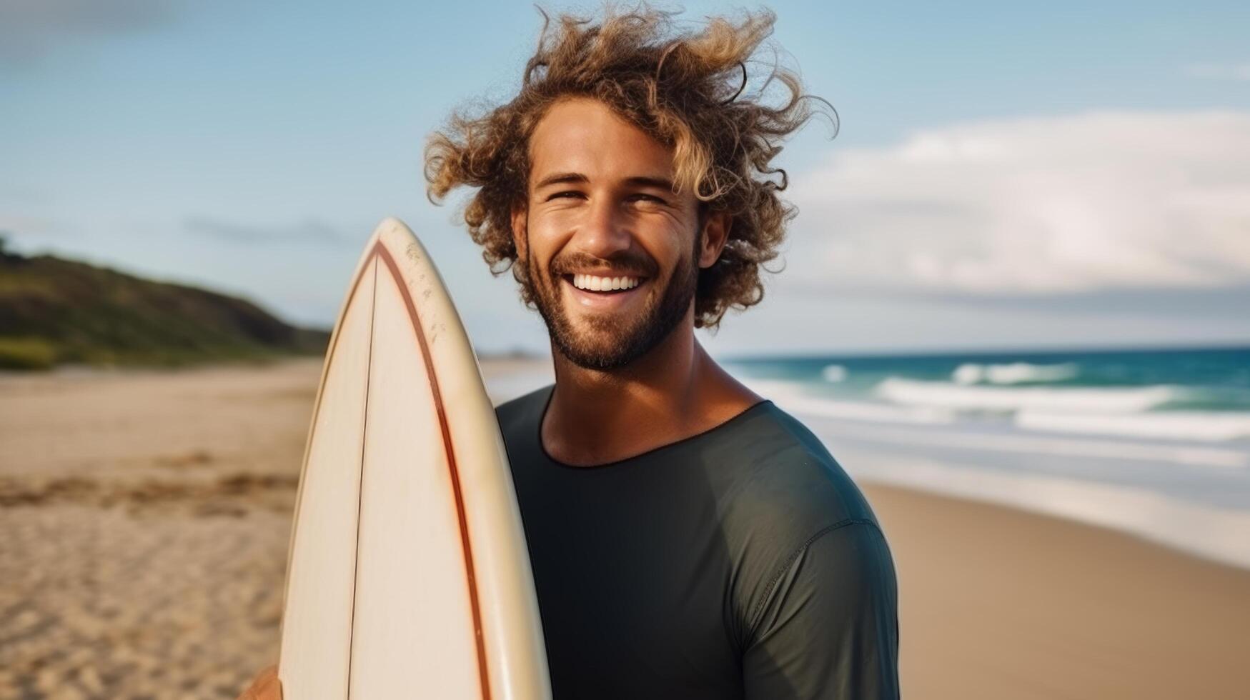 AI generated A cheerful man with curly hair stands by the ocean, holding a surfboard with a smile on his face. photo