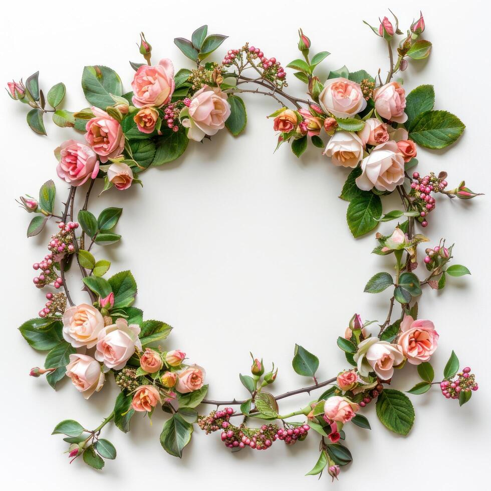 AI generated Circular wreath pattern featuring roses, pink flower buds, branches, and leaves isolated on a white background photo