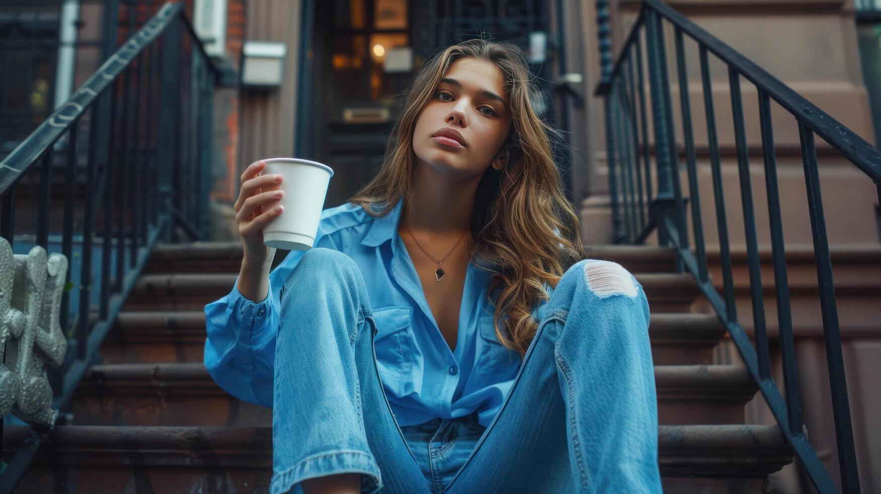 AI generated Woman in blue blouse and skinny jeans drinks coffee on apartment stairs. photo