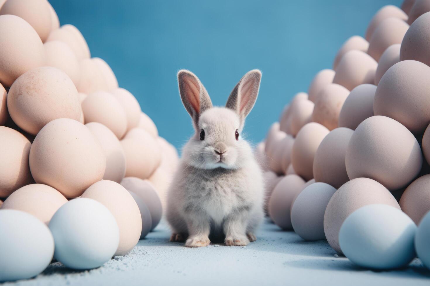 AI generated a bunny rabbit sitting in a circle of eggs photo