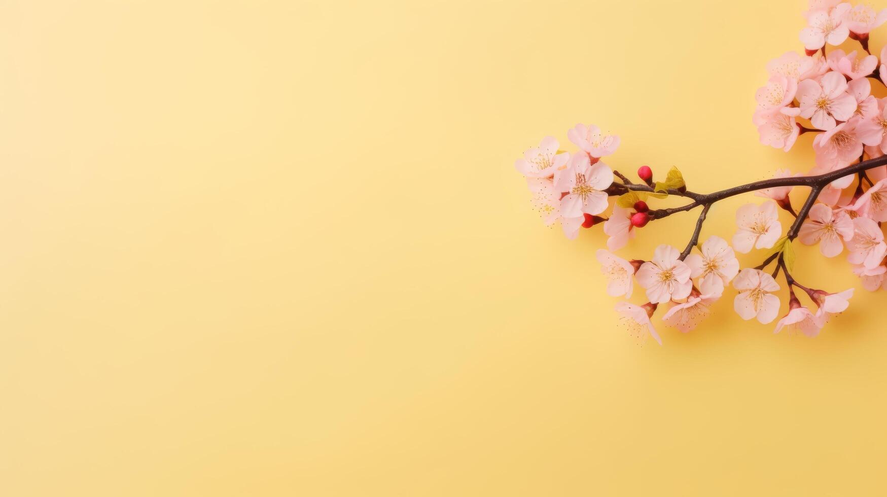 AI generated A stunning cherry blossom branch adorns the left side of a minimalist light pink background, leaving ample space for text. photo