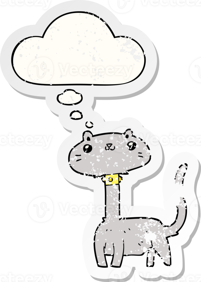 cartoon cat and thought bubble as a distressed worn sticker png