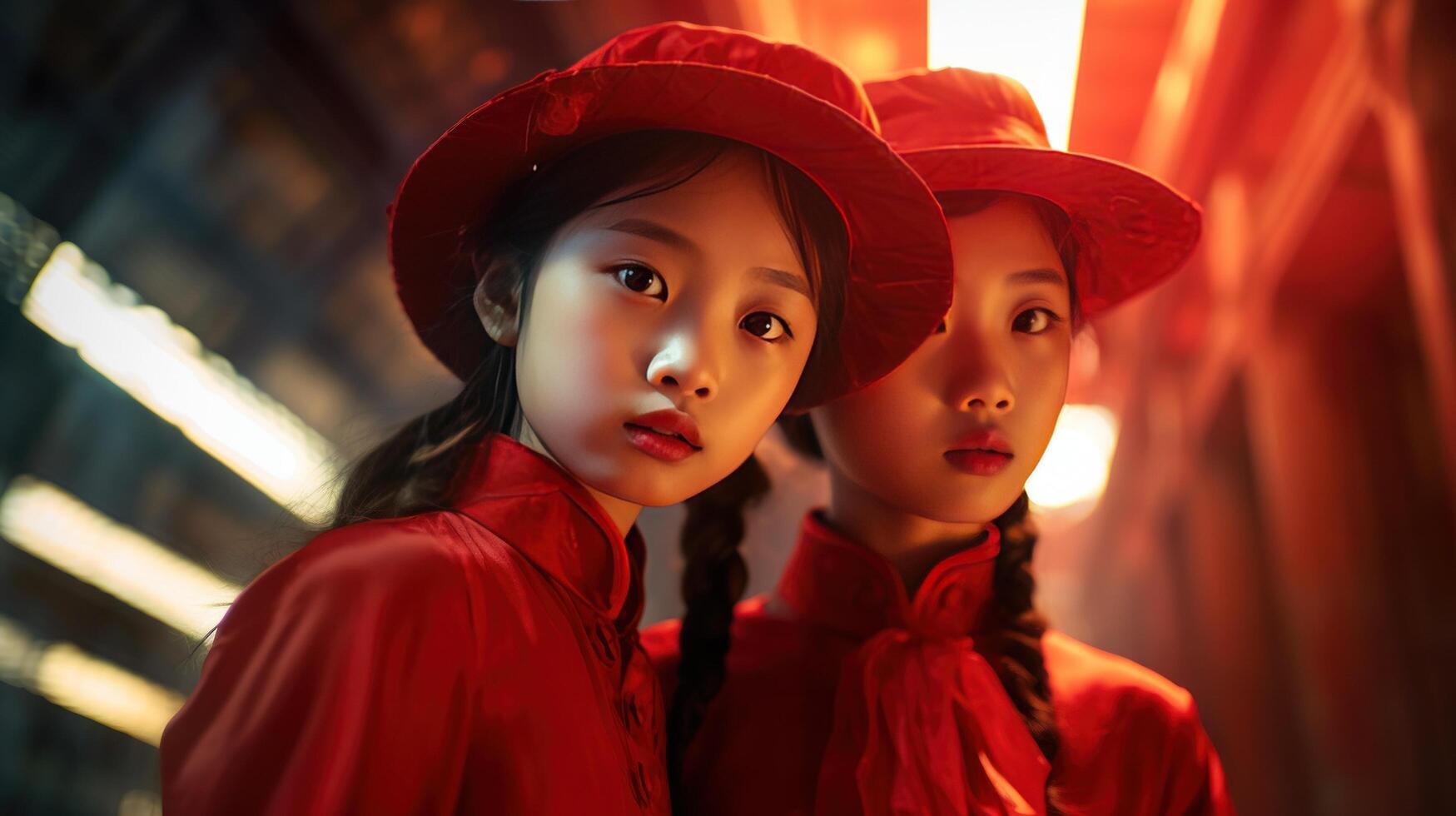 ai generado elegante hermanos en tradicional rojo atuendo foto