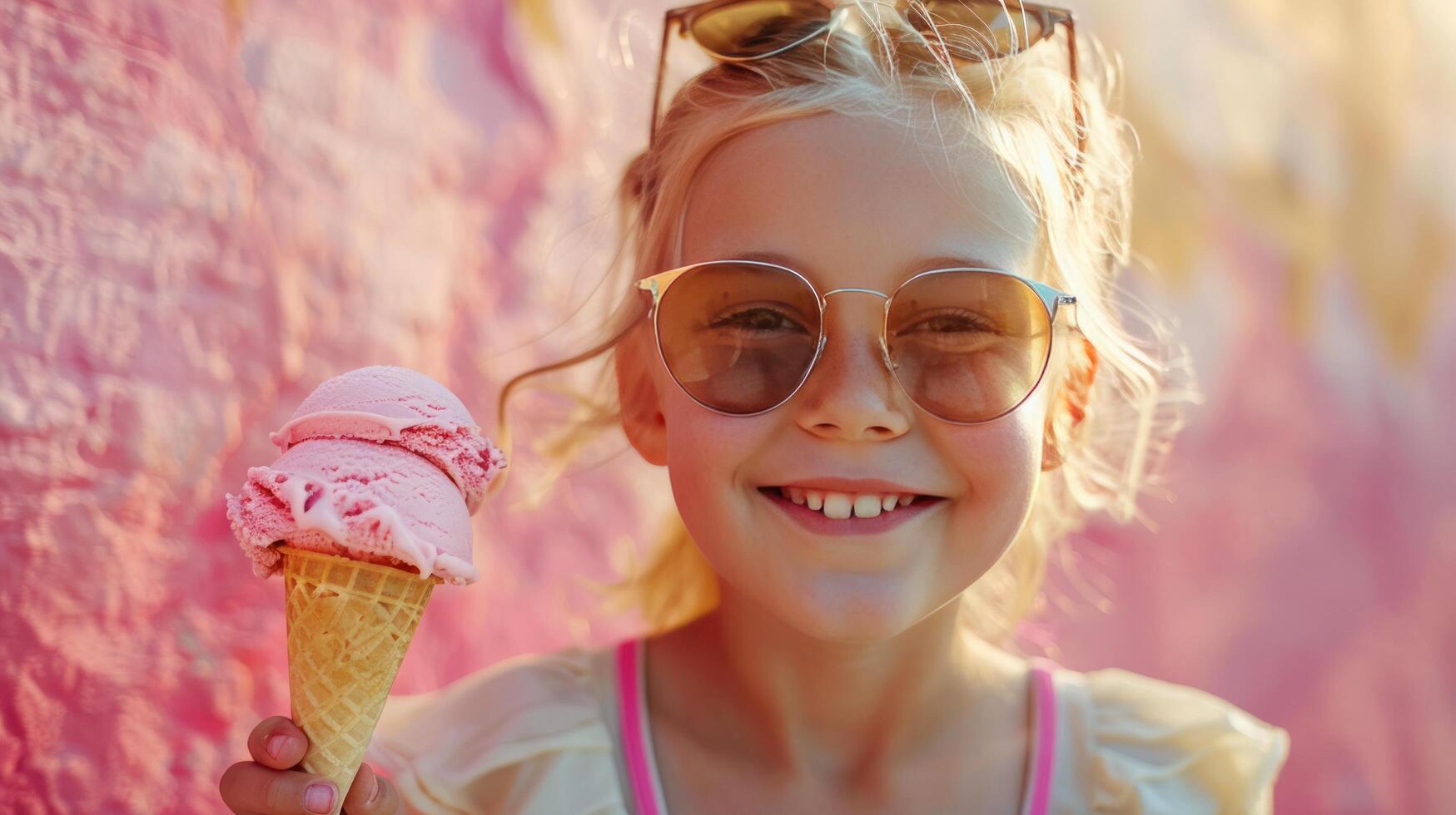 AI generated A young hipster girl with blonde hair enjoys a tasty ice cream in the summer heat while wearing sunglasses photo