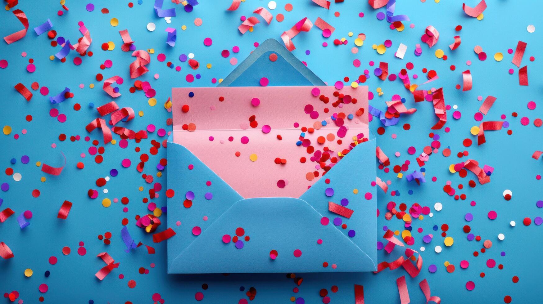 AI generated An empty card inside a blue envelope against a blue background adorned with confetti photo