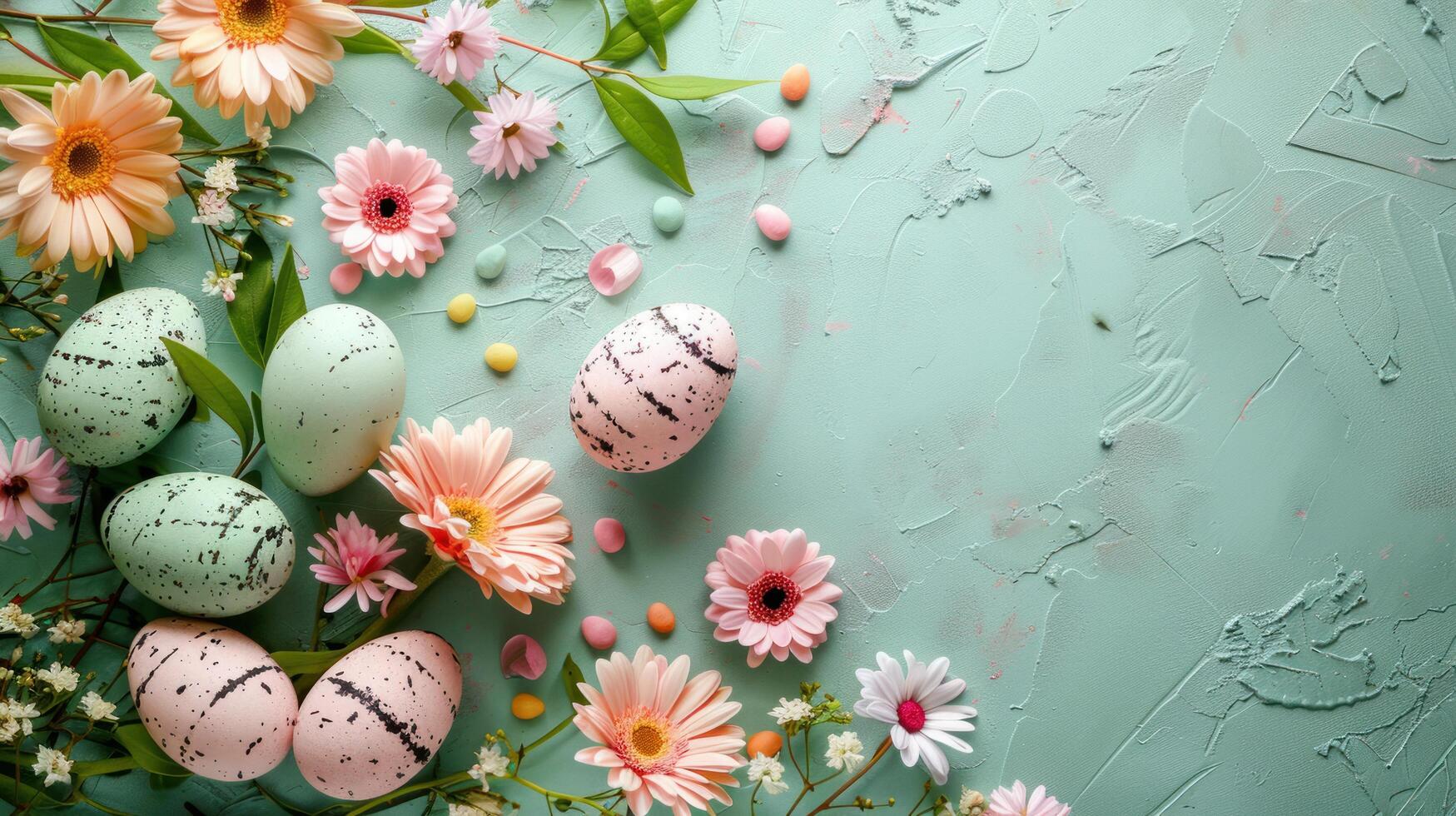 AI generated Easter eggs and flowers on a pastel background with ample copy space. photo