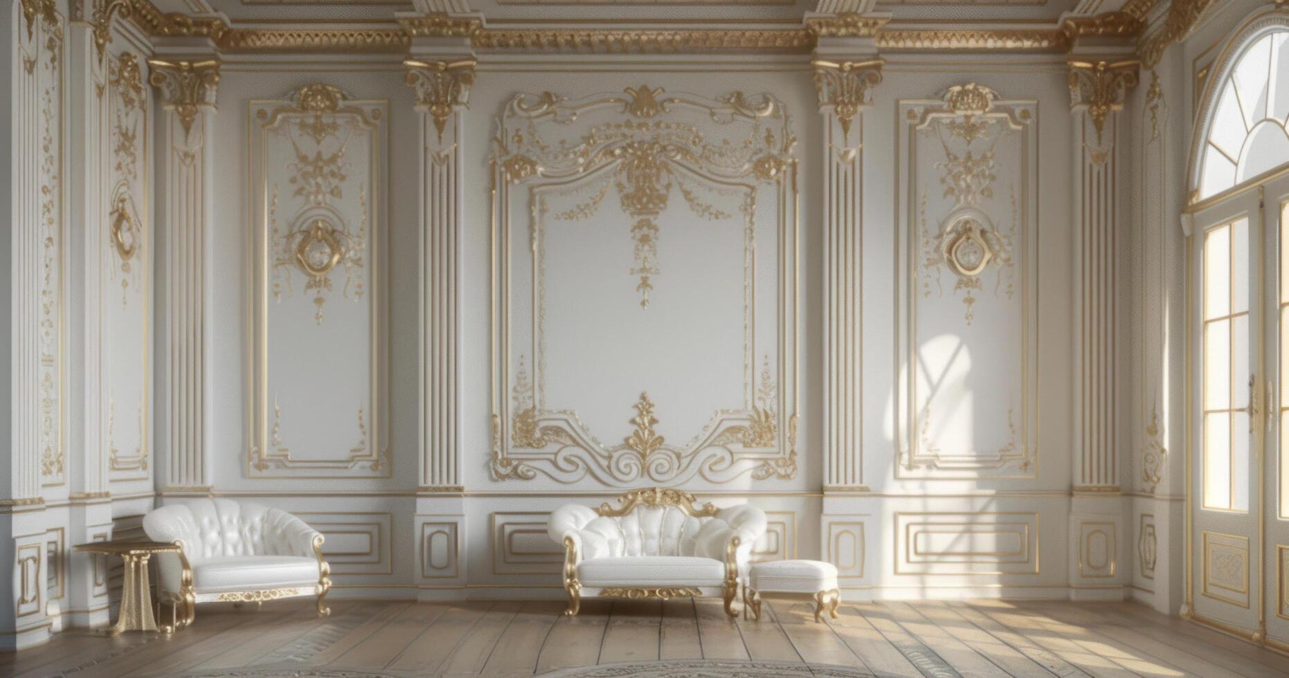 AI generated a posh room with white, gold wall panels photo