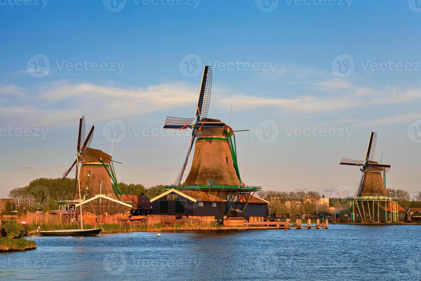 Windmills at Zaanse Schans in Holland in twilight on sunset. Zaa photo