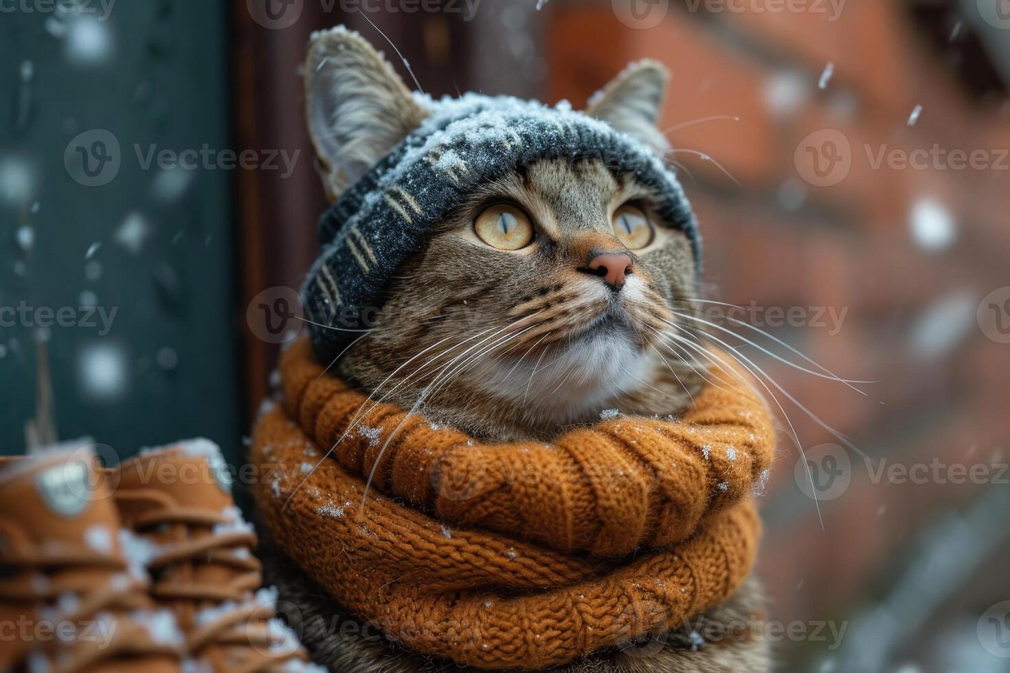 AI generated a cat in a winter hat and scarf on the street during the day in winter photo