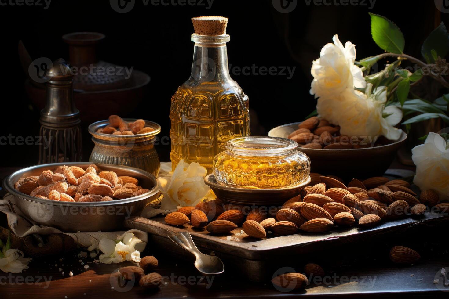AI generated A wooden bowl with assorted nuts and honey on the table on a black background. Walnuts, pistachios, almonds, hazelnuts and cashews photo