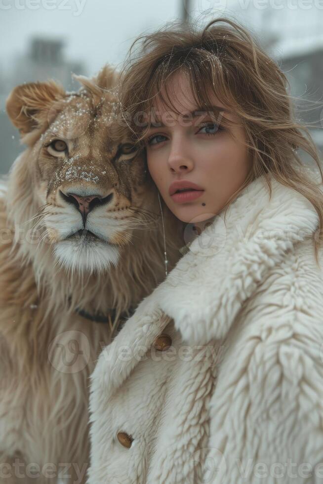 AI generated Beautiful fashionable young woman with a beautiful big lion photo