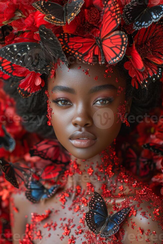 AI generated Portrait of a girl in red butterflies. 3d illustration photo
