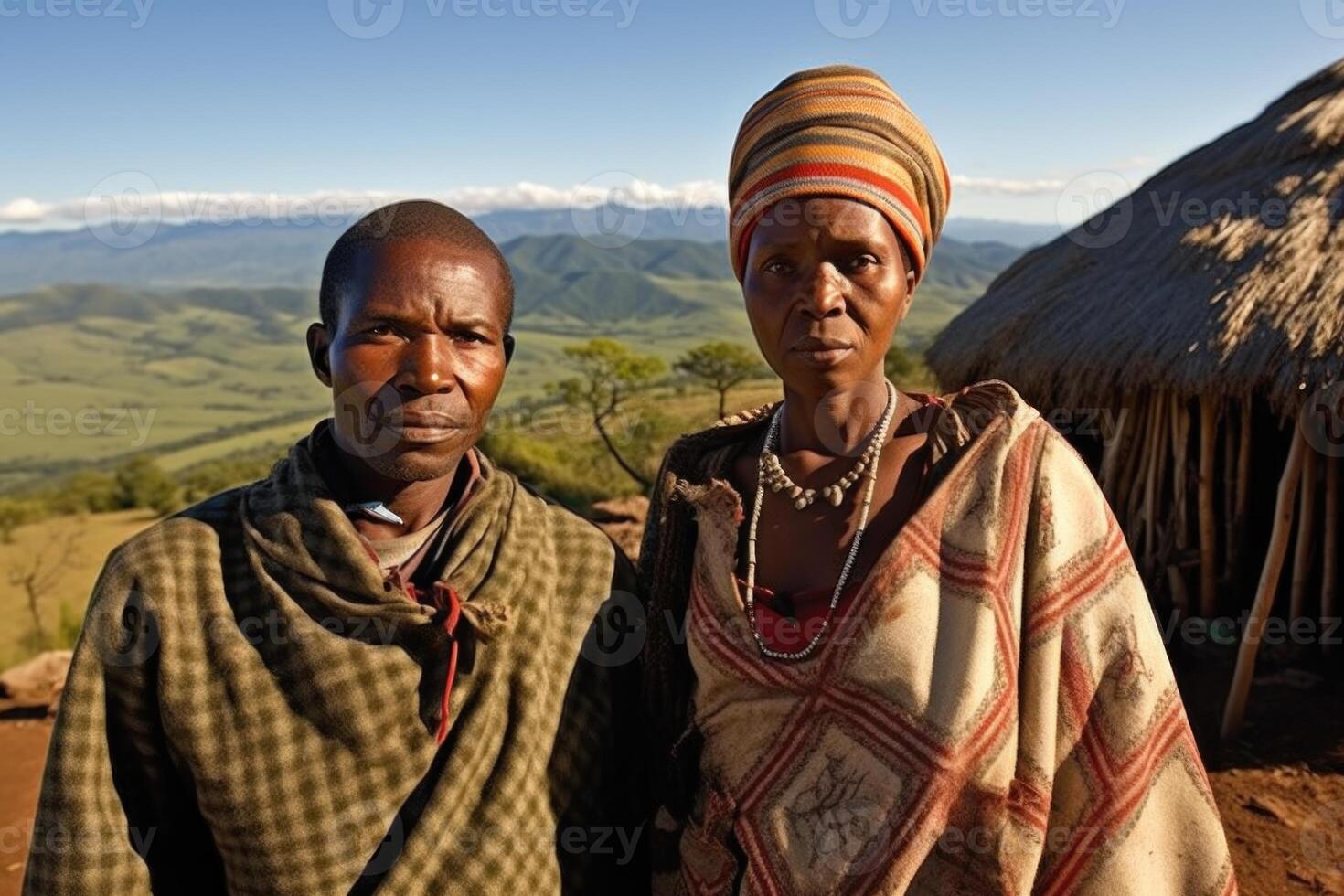 AI generated Portrait of an African couple of a man and a woman against the background of African nature. Mature African couple photo