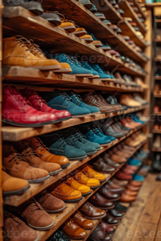 AI generated A wall with shoes inside the store. There are many different shoes on the shelves photo