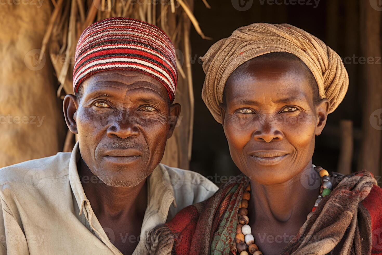 AI generated Portrait of an African couple of a man and a woman against the background of African nature. Mature African couple photo
