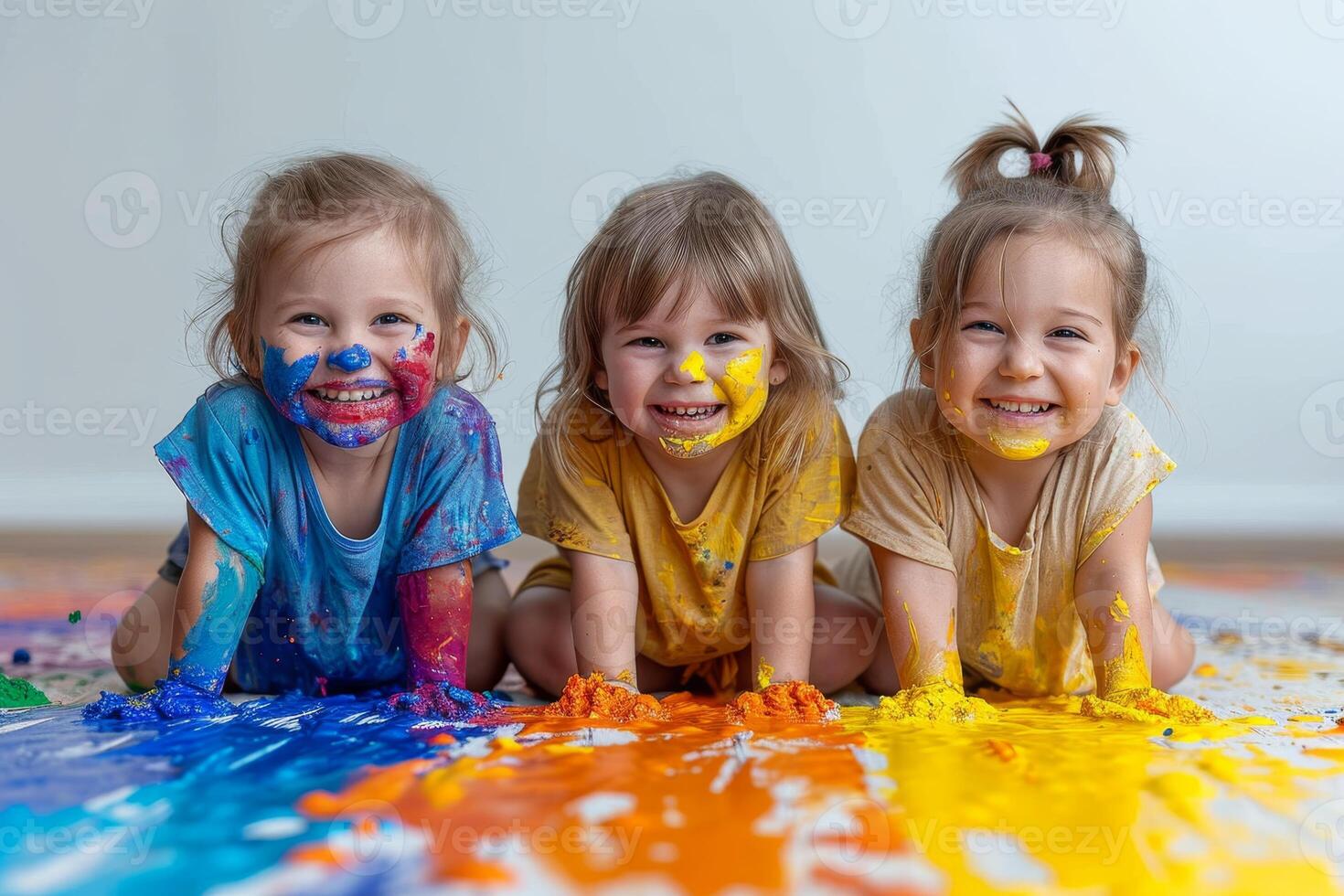 AI generated Small children smeared in paint playing on the floor photo