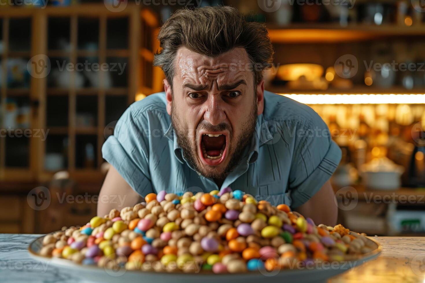 AI generated A screaming Emotional man and a pile of cornflakes in front of him photo