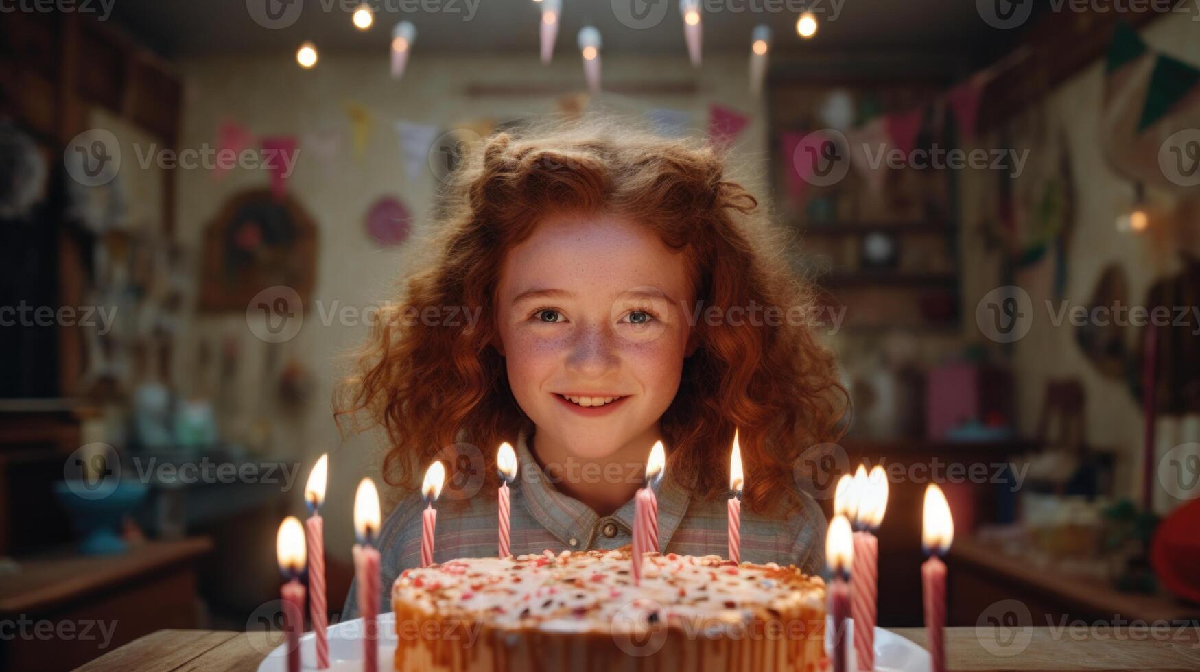 ai generado un pelirrojo joven niña será soplar fuera el velas en el cumpleaños pastel foto