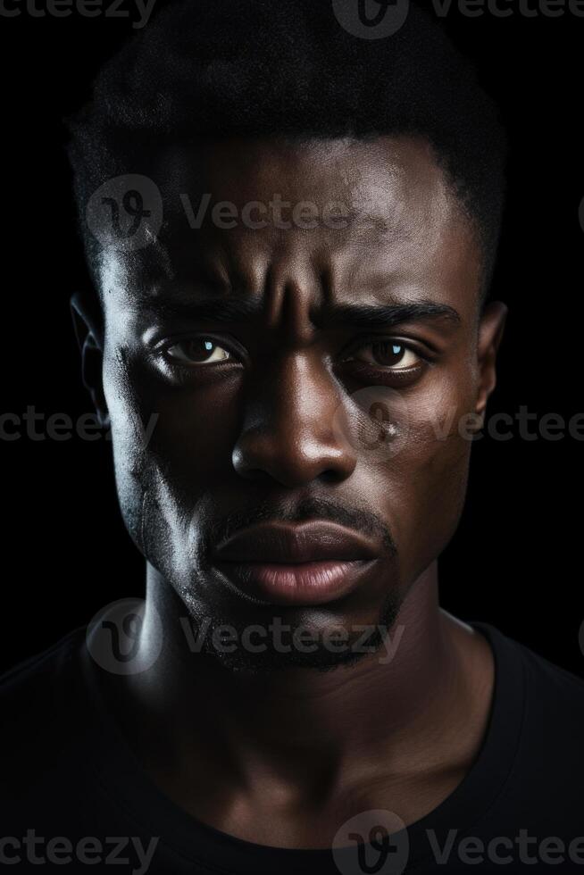 AI generated Portrait of a serious man of the African race on a black background photo