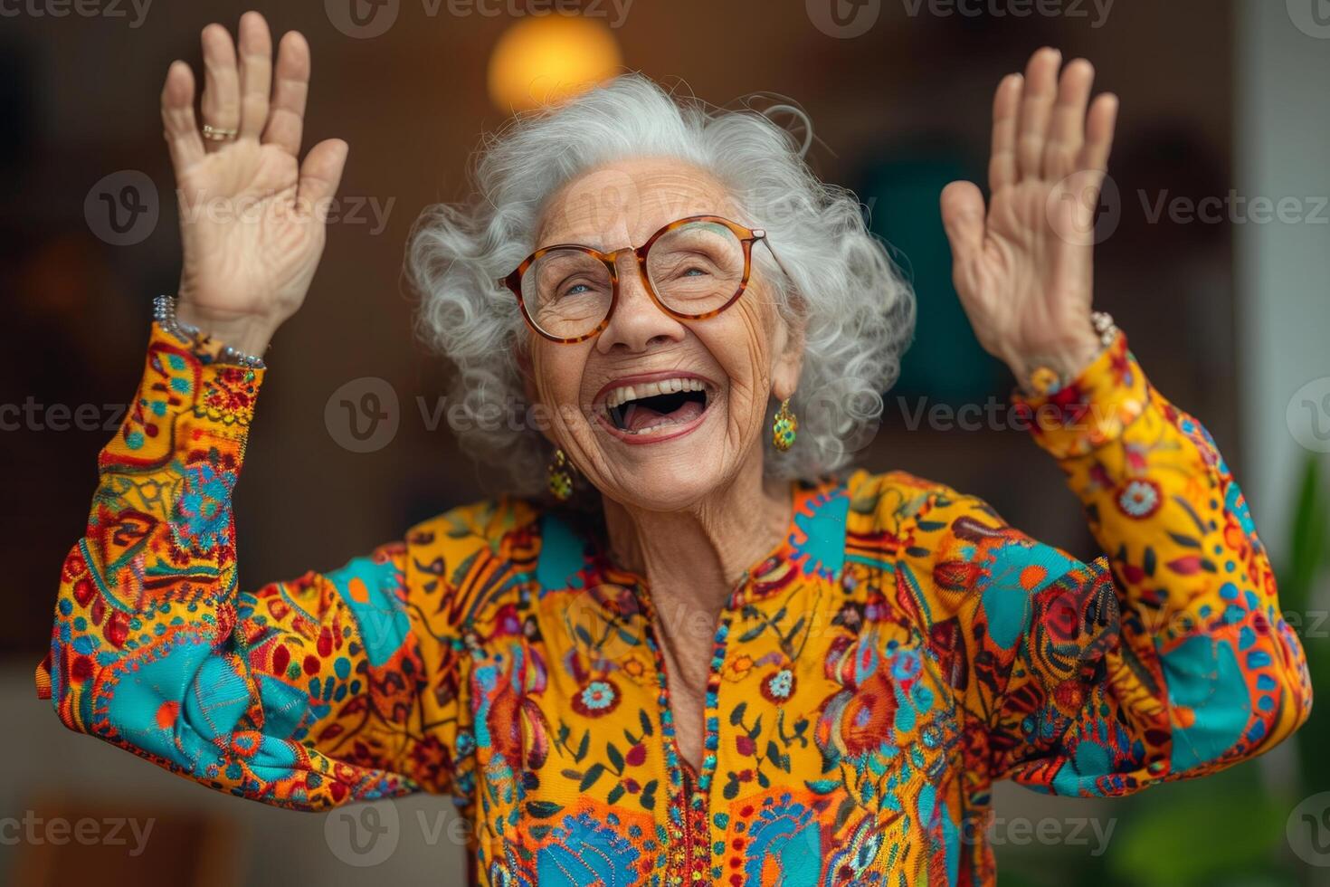 AI generated Happy and playful elderly woman in colored clothes indoors photo