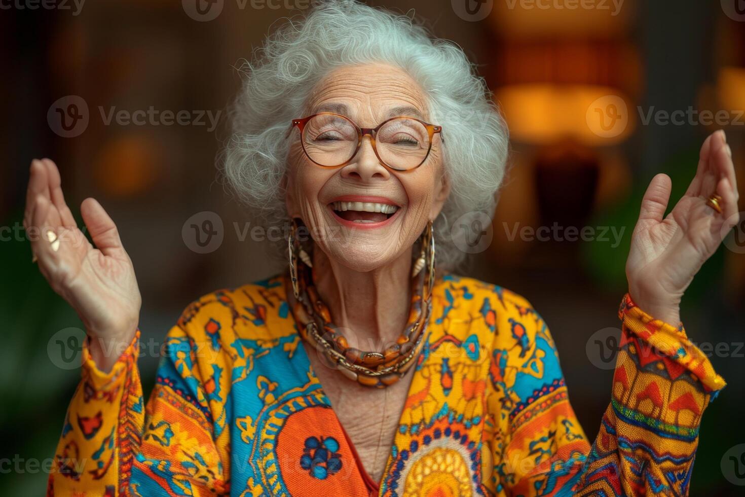 AI generated Happy and playful elderly woman in colored clothes indoors photo
