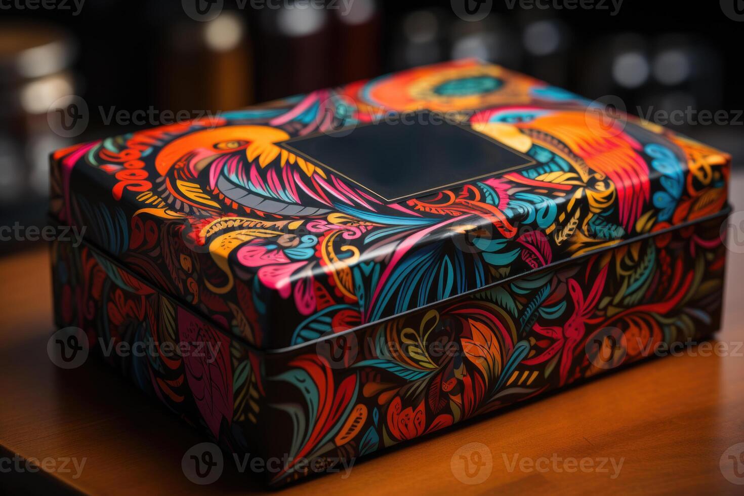 AI generated Colorful patterned coffee packaging stands on the table photo