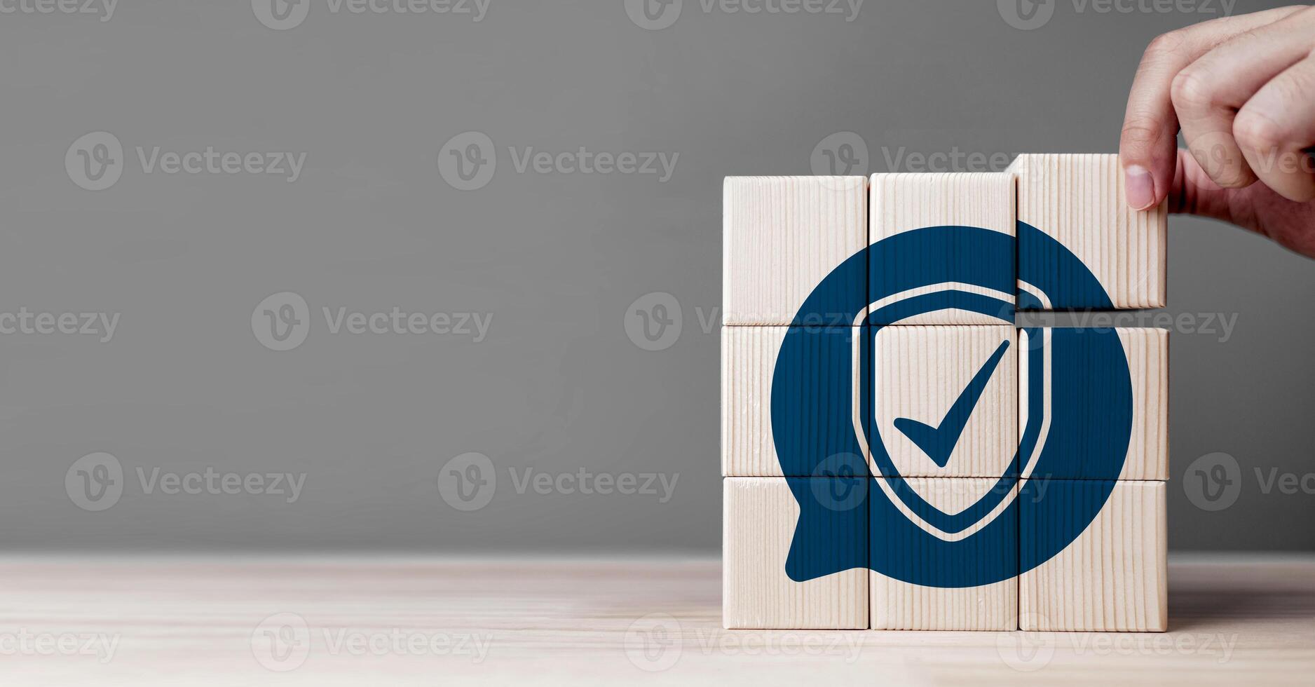 Protection and safety. concepts of Business information security and security systems. Shield symbol on wooden block. with copy space photo