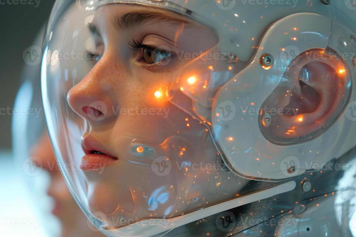 AI generated A girl in a space suit . The concept of artificial intelligence. Digital transformation photo