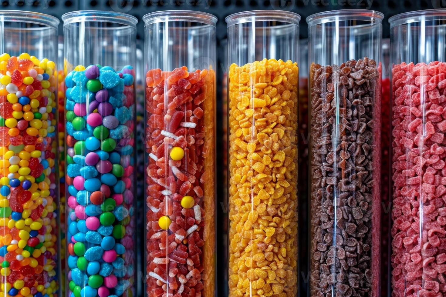 AI generated Glass flasks with colorful delicious candies on the shelf photo