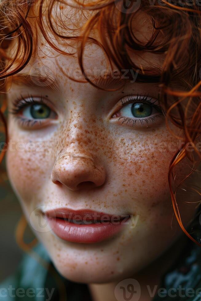AI generated Portrait of a young red-haired woman on a street background. Long curly red hair photo