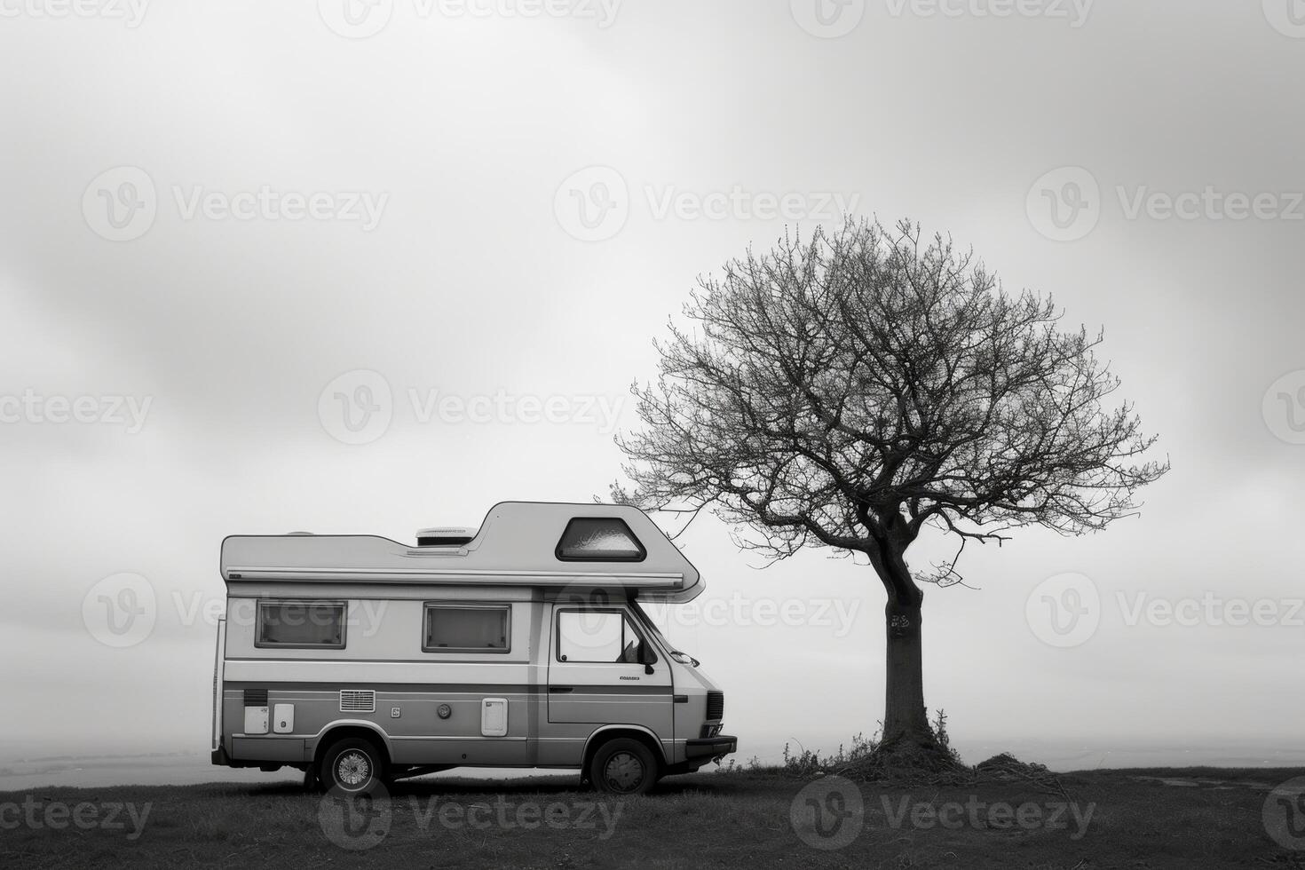 AI generated Camping in the field of a mobile home. Camping in a camper van photo