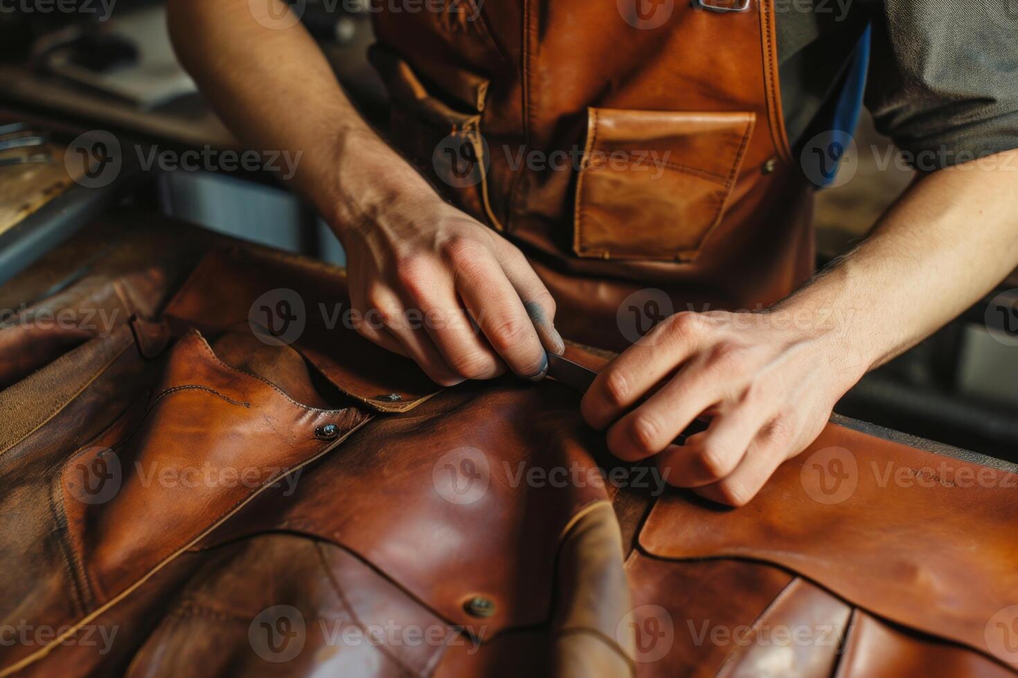AI generated A male shoemaker working with leather fabric in his workshop photo