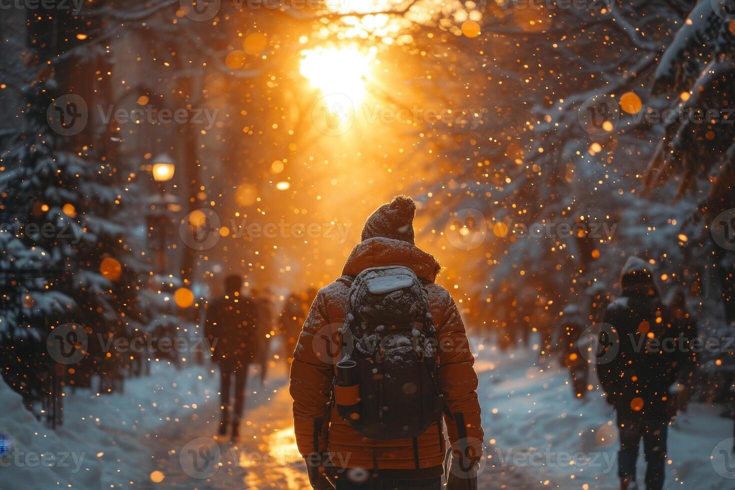 AI generated A tourist walking with a backpack through a snowy winter forest at sunset photo