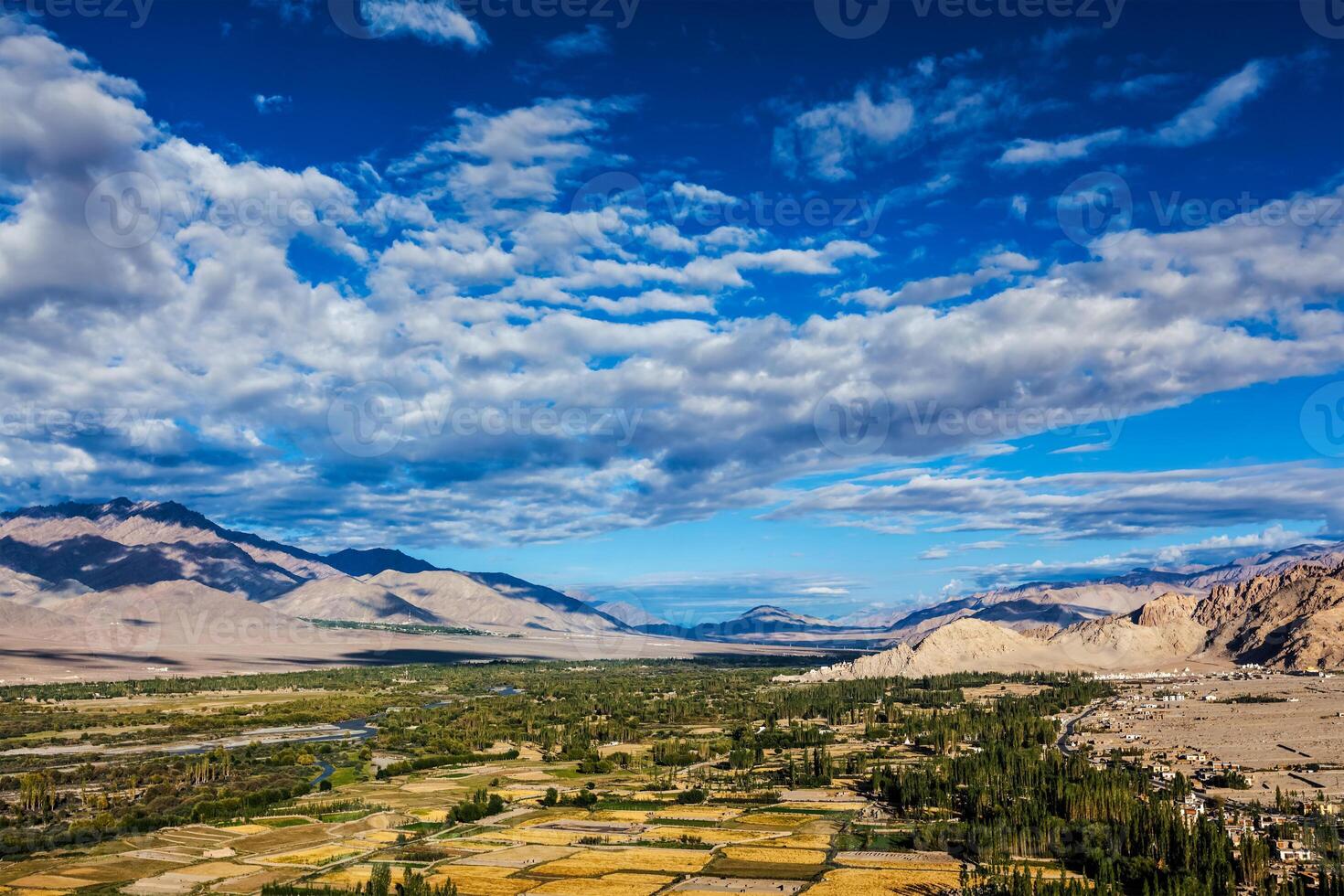 Himalayan landscape of Indus valley surrounded by Karakoram range Himalaya mountains. Ladakh, India photo