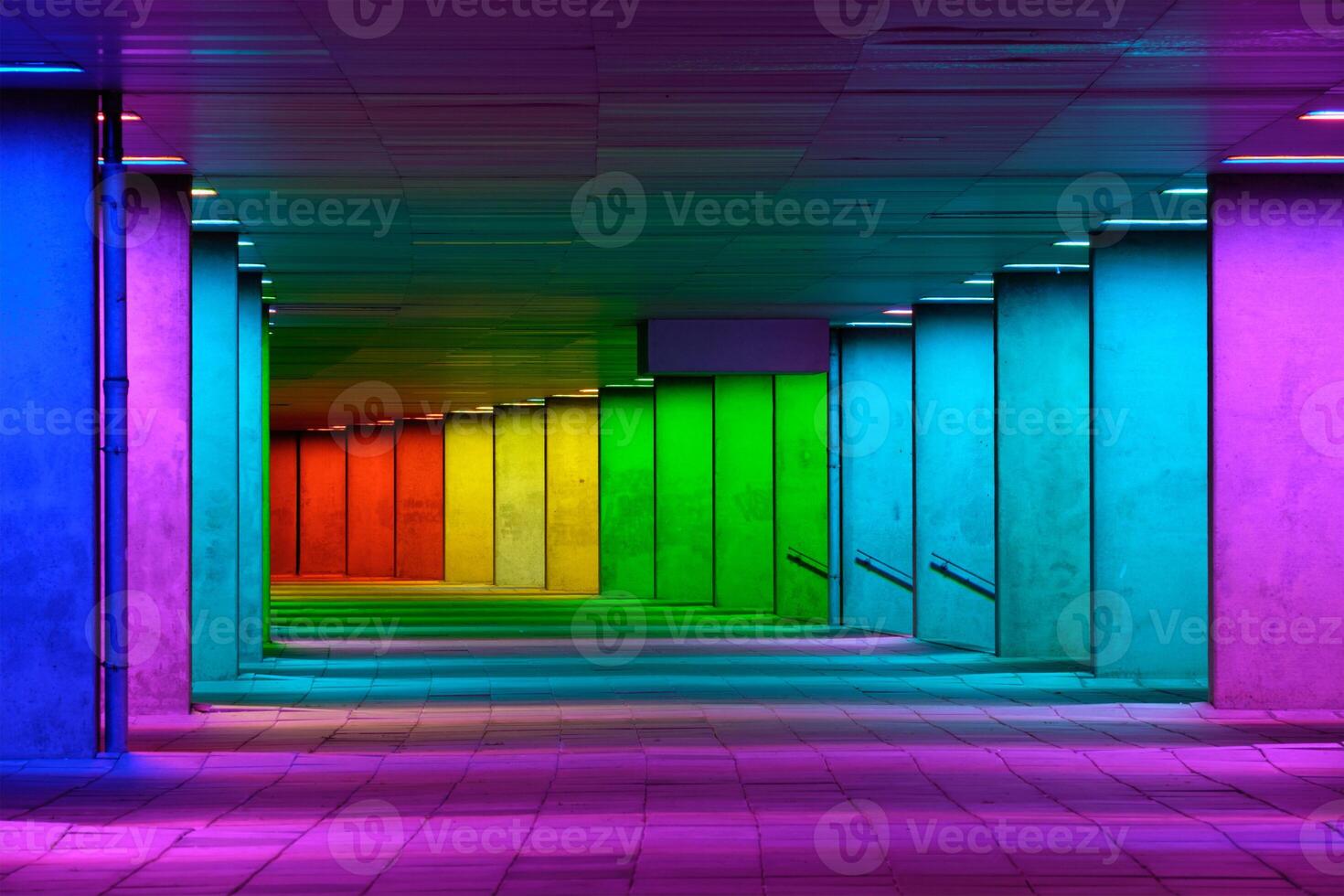 Colorful mulitcolord illuminated gallery tunnel near Museum Park, Rotterdam, The Netherlands photo