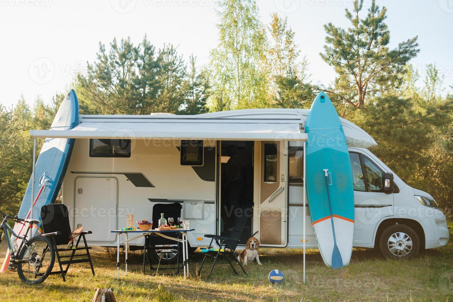 A dog near a motorhome in the woods , resting in a van photo