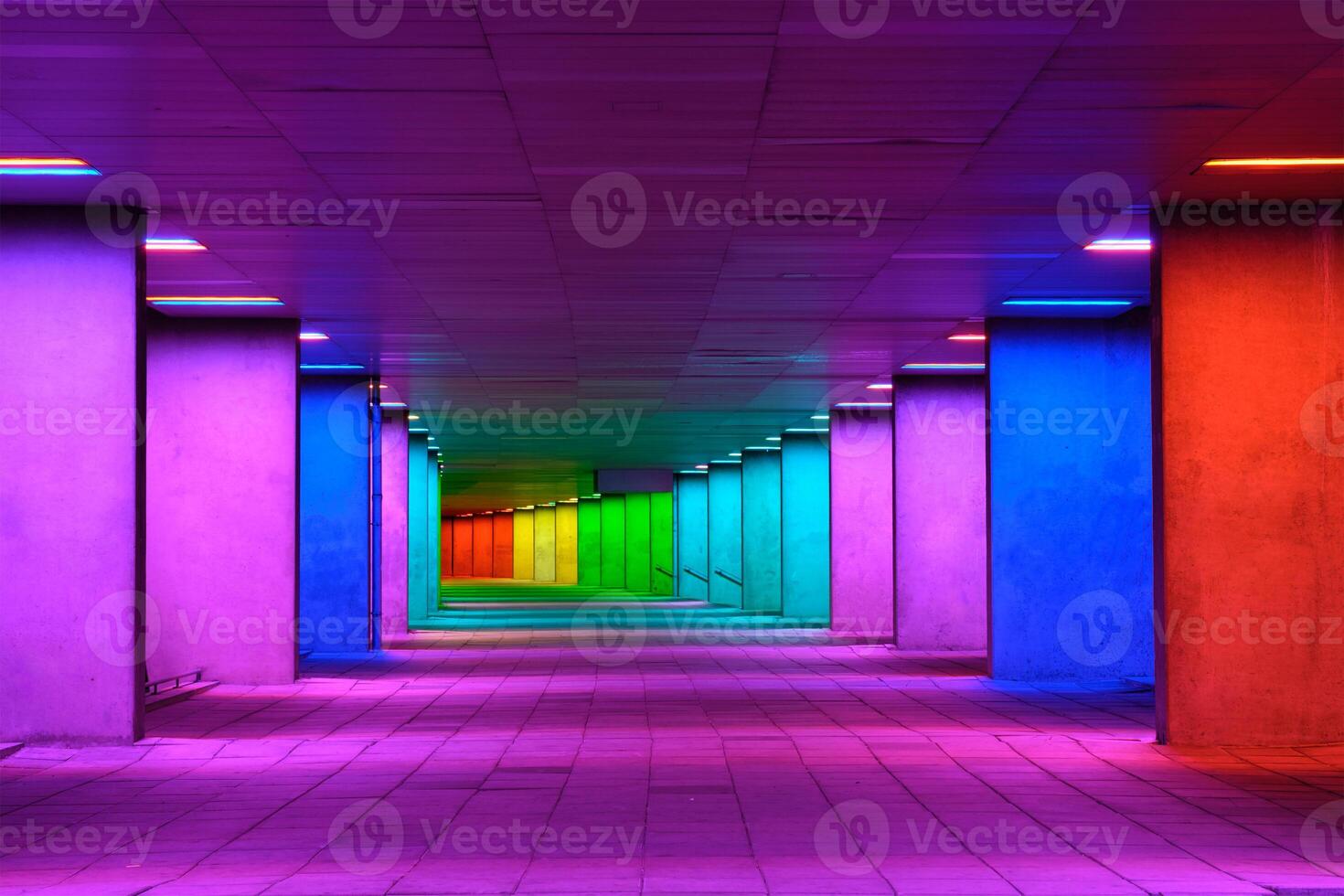 Colorful mulitcolord illuminated gallery tunnel near Museum Park, Rotterdam, The Netherlands photo