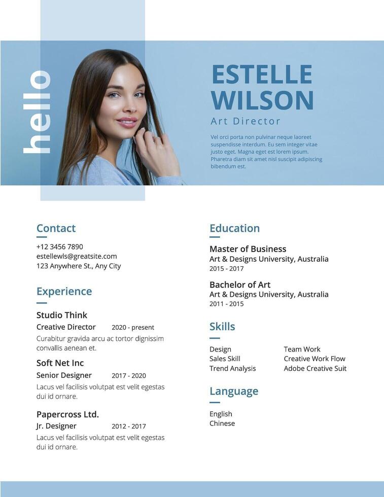 Blue Minimalist Art Director Resume template