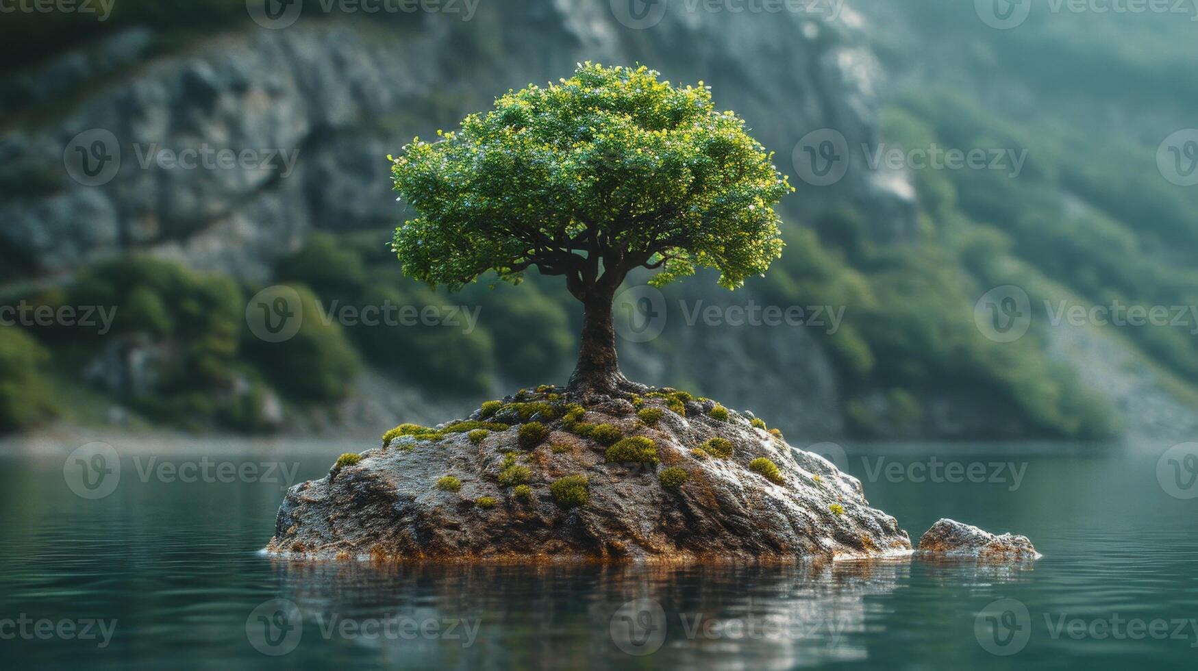 AI generated A lonely tree on a small island in a mountain lake photo