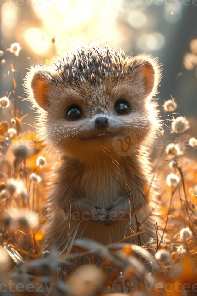 AI generated Funny hedgehog in the autumn forest. 3d illustration photo