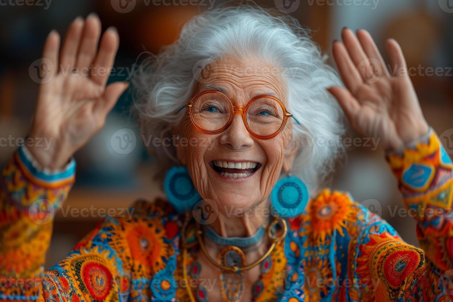 AI generated Happy and playful elderly woman in colored clothes indoors photo
