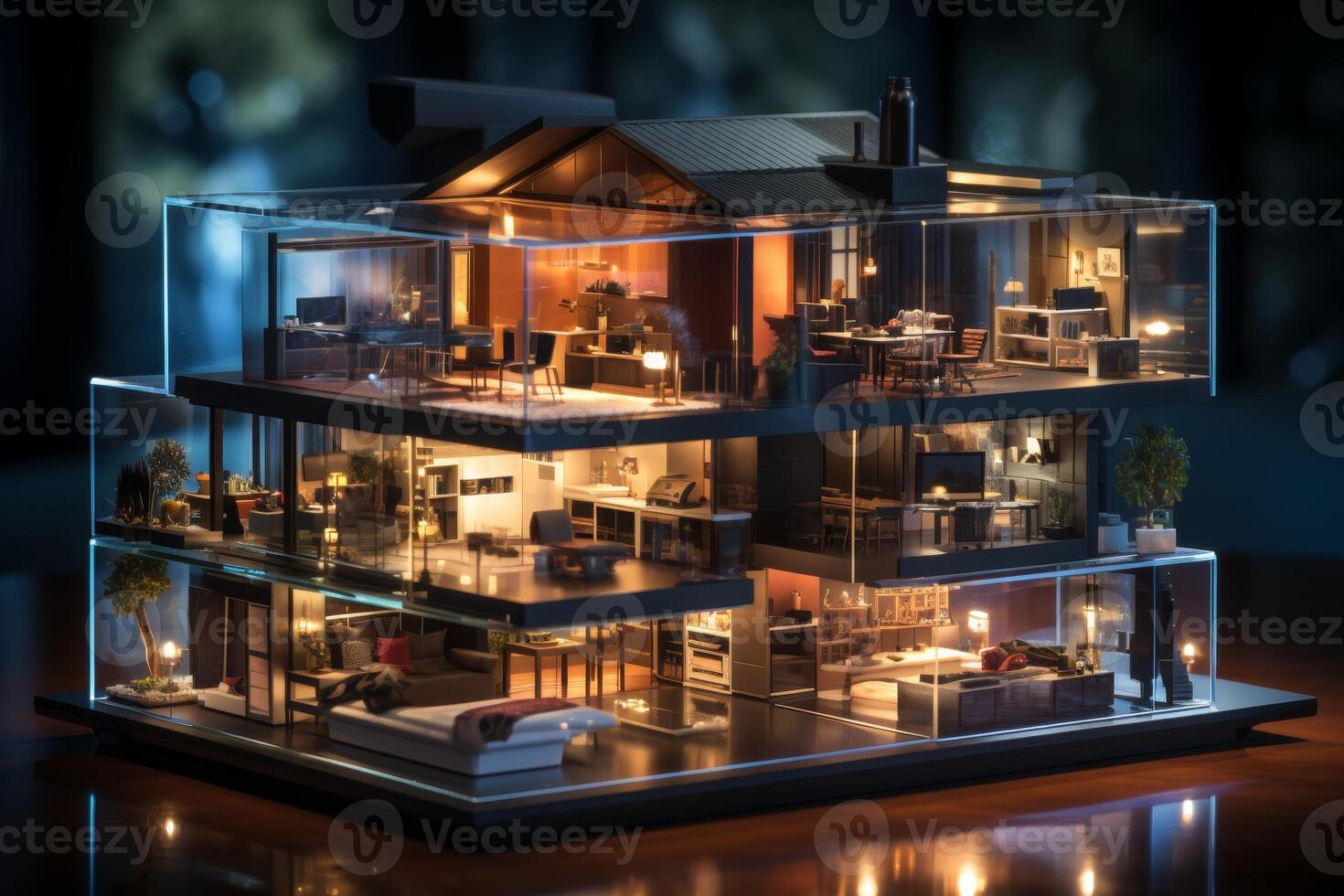 AI generated A mock-up of a large house with interiors behind glass. A modern smart home photo