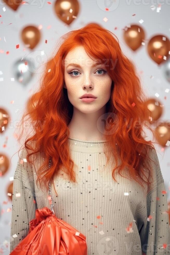 AI generated Close-up of a beautiful white girl with red hair, dressed in stylish clothes, who looks at the camera and smiles photo