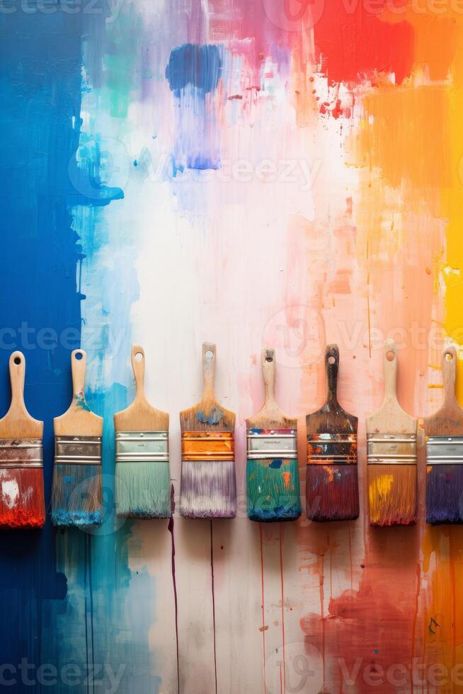 AI generated Artistic brushes smeared in paint on a background covered with multicolored oil paints photo
