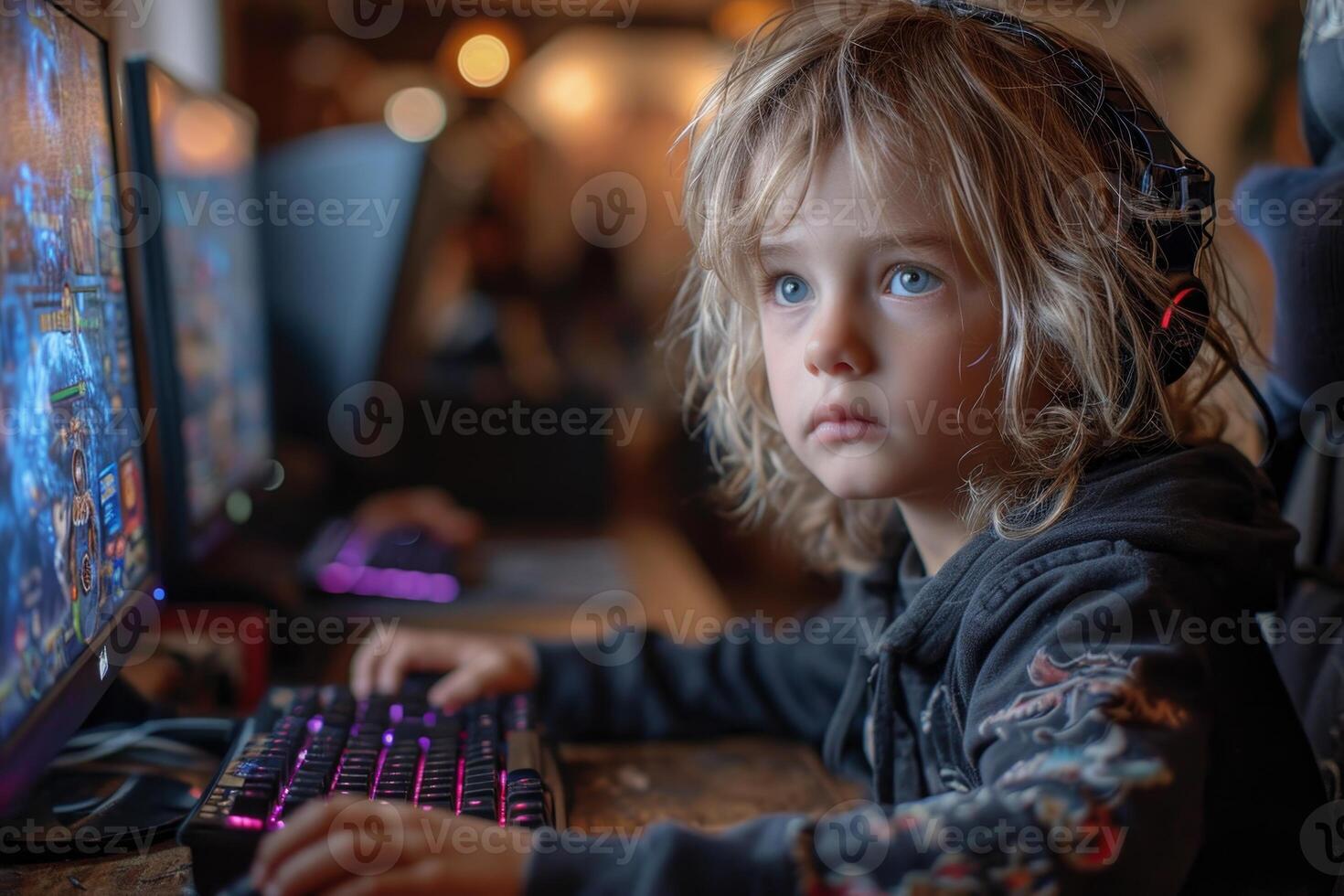 AI generated A charming streamer boy is playing a video game on a computer with a calm expression on his face photo