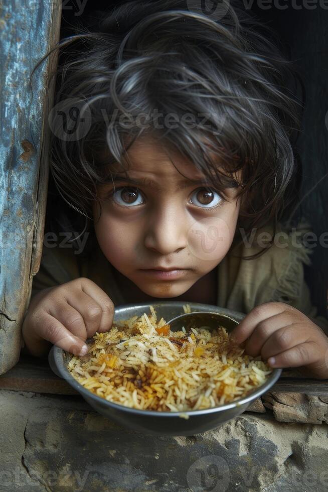 AI generated Little asian hungry child with a plate of food outside photo