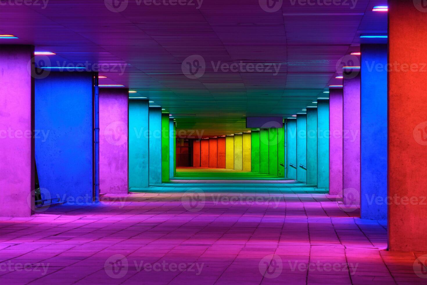 Colorful mulitcolord illuminated gallery tunnel near Museum Park, Rotterdam, The Netherlands photo