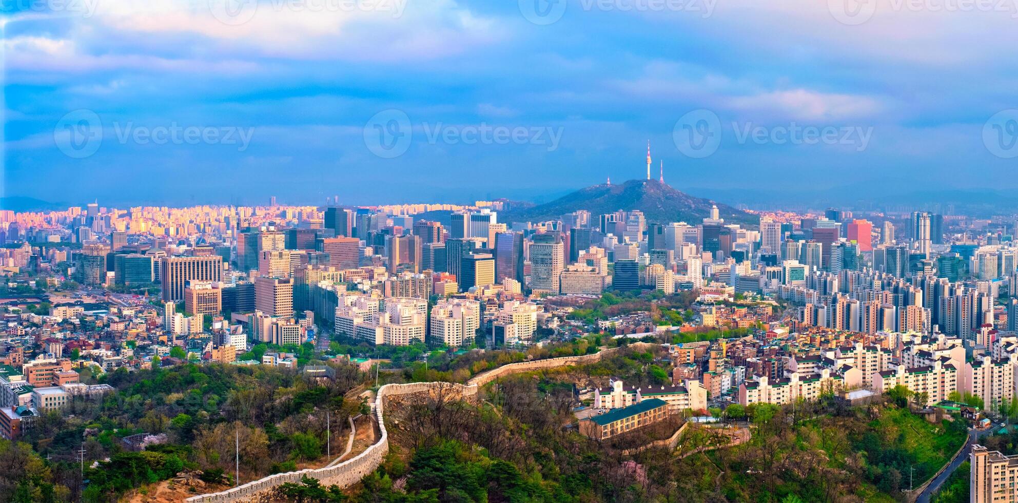 Panorama of Seoul skyline on sunset, South Korea. photo
