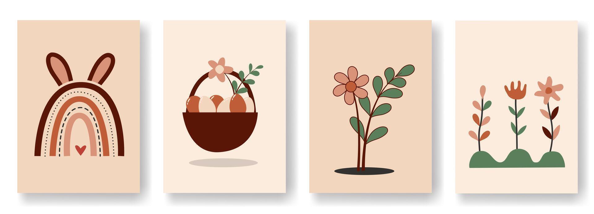 Scandinavian spring concept design, bunnies, eggs, flowers and rainbows in pastel and terracotta colors, flat vector illustrations.